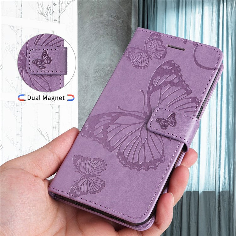 For Samsung Galaxy S25 Edge Wallet Case Floral Butterfly Imprinted Leather Phone Cover Stand - Light Purple