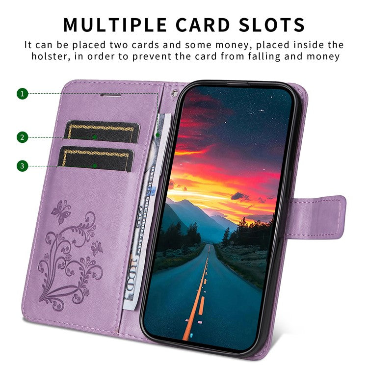For Samsung Galaxy S25 Edge Wallet Case Floral Butterfly Imprinted Leather Phone Cover Stand - Light Purple