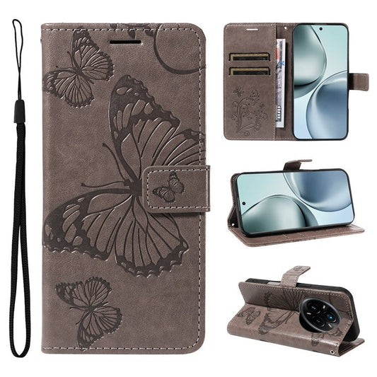 For Realme 14 Pro+ 5G Wallet Case Floral Butterfly Imprinted Leather Phone Cover Stand - Grey