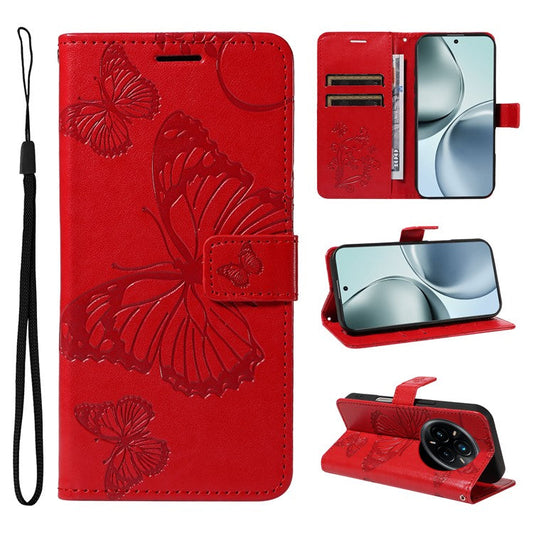 For Realme 14 Pro+ 5G Wallet Case Floral Butterfly Imprinted Leather Phone Cover Stand - Red