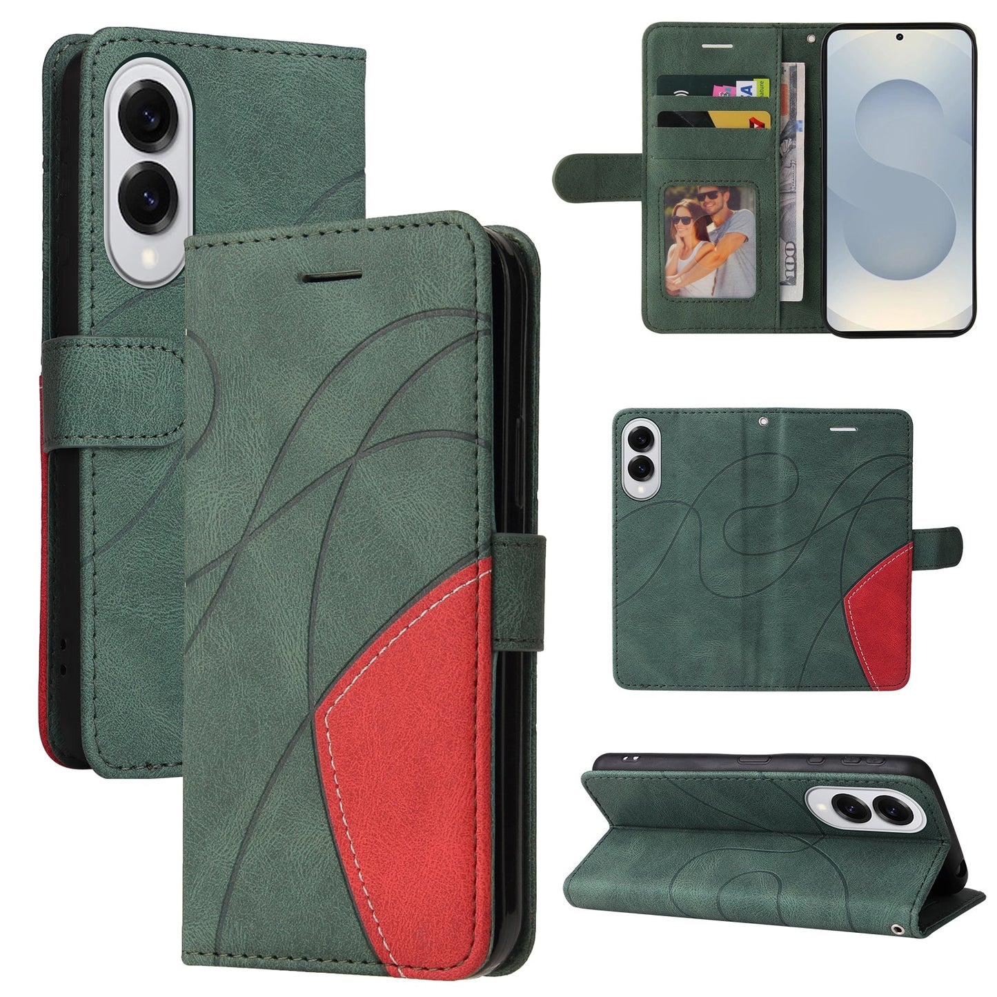For Samsung Galaxy S25 Edge Leather Phone Case Stand Wallet with Bi-colour Splicing Design - Green