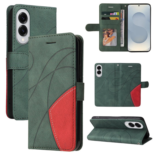 For Samsung Galaxy S25 Edge Leather Phone Case Stand Wallet with Bi-colour Splicing Design - Green