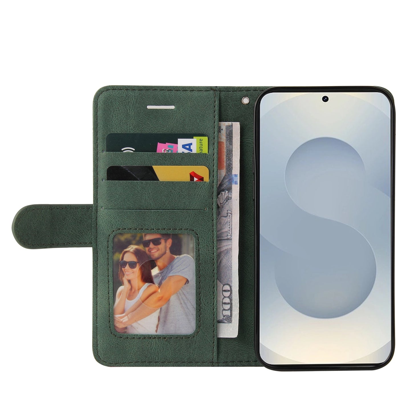For Samsung Galaxy S25 Edge Leather Phone Case Stand Wallet with Bi-colour Splicing Design - Green