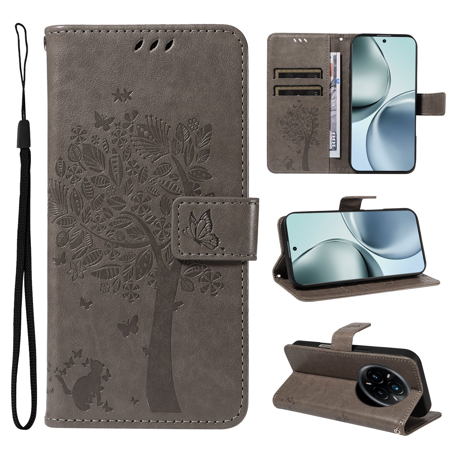 For Realme 14 Pro+ 5G Phone Case with Stand Cat Tree Pattern Leather Wallet Mobile Cover - Grey
