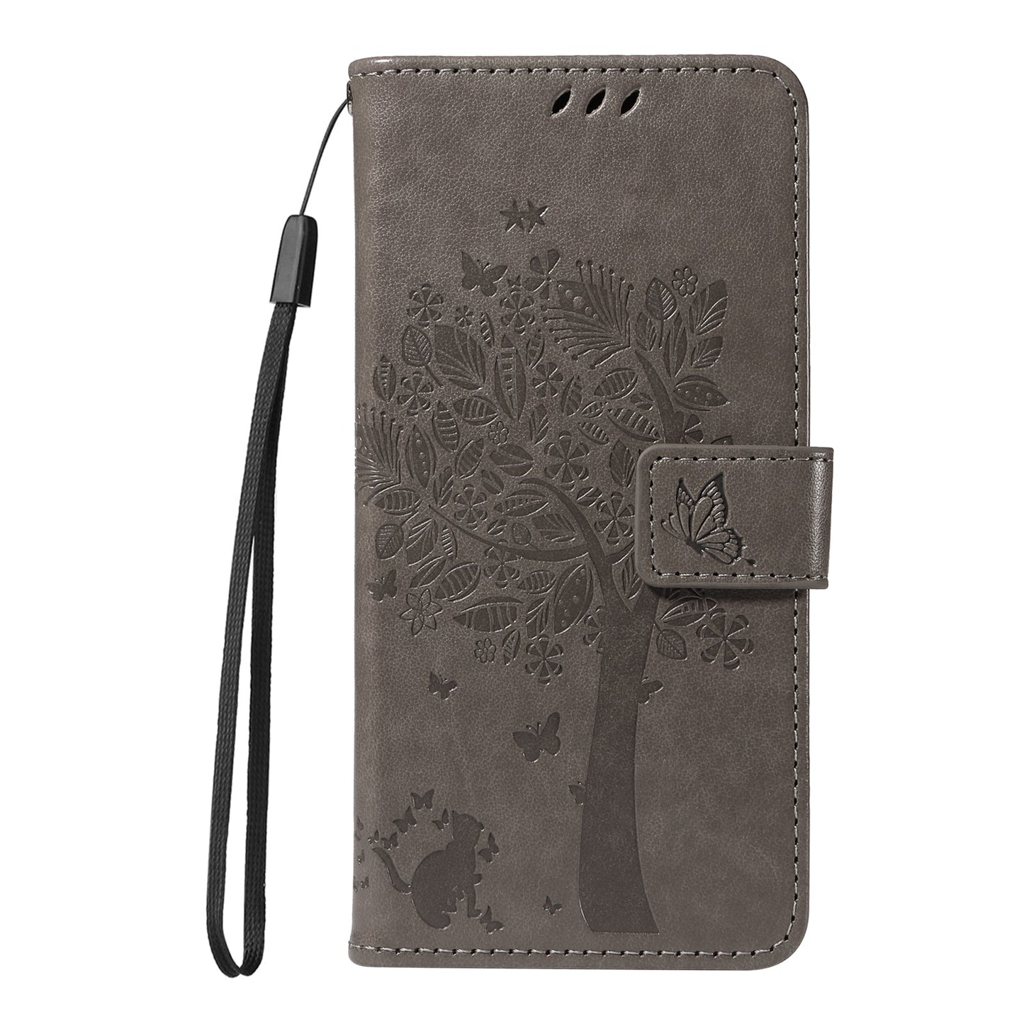 For Realme 14 Pro+ 5G Phone Case with Stand Cat Tree Pattern Leather Wallet Mobile Cover - Grey
