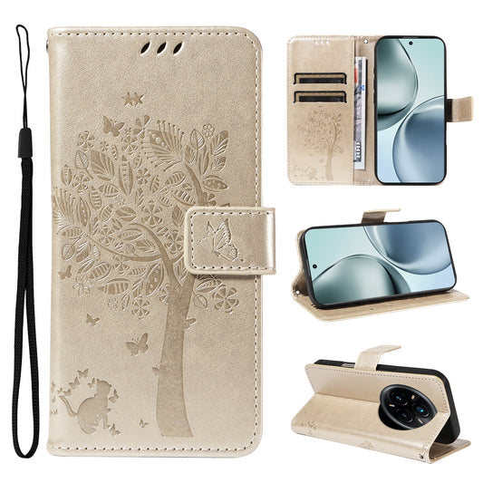 For Realme 14 Pro+ 5G Phone Case with Stand Cat Tree Pattern Leather Wallet Mobile Cover - Gold