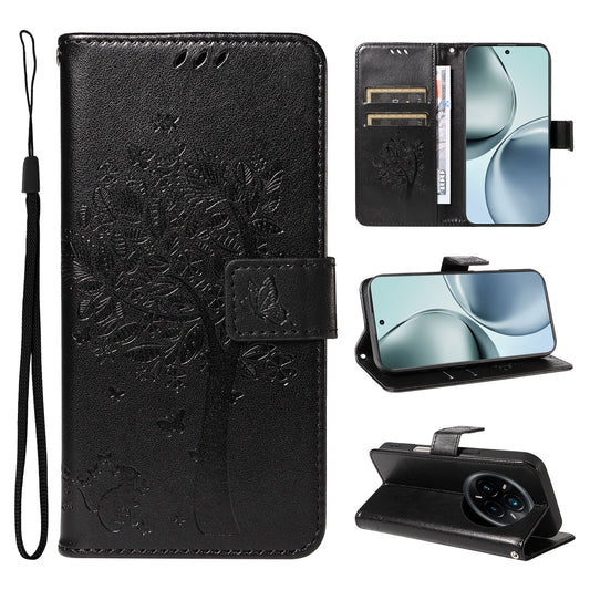 For Realme 14 Pro+ 5G Phone Case with Stand Cat Tree Pattern Leather Wallet Mobile Cover -  Black