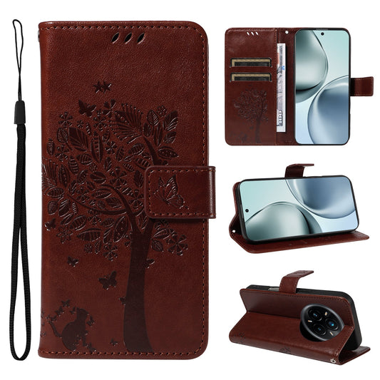 For Realme 14 Pro+ 5G Phone Case with Stand Cat Tree Pattern Leather Wallet Mobile Cover - Coffee