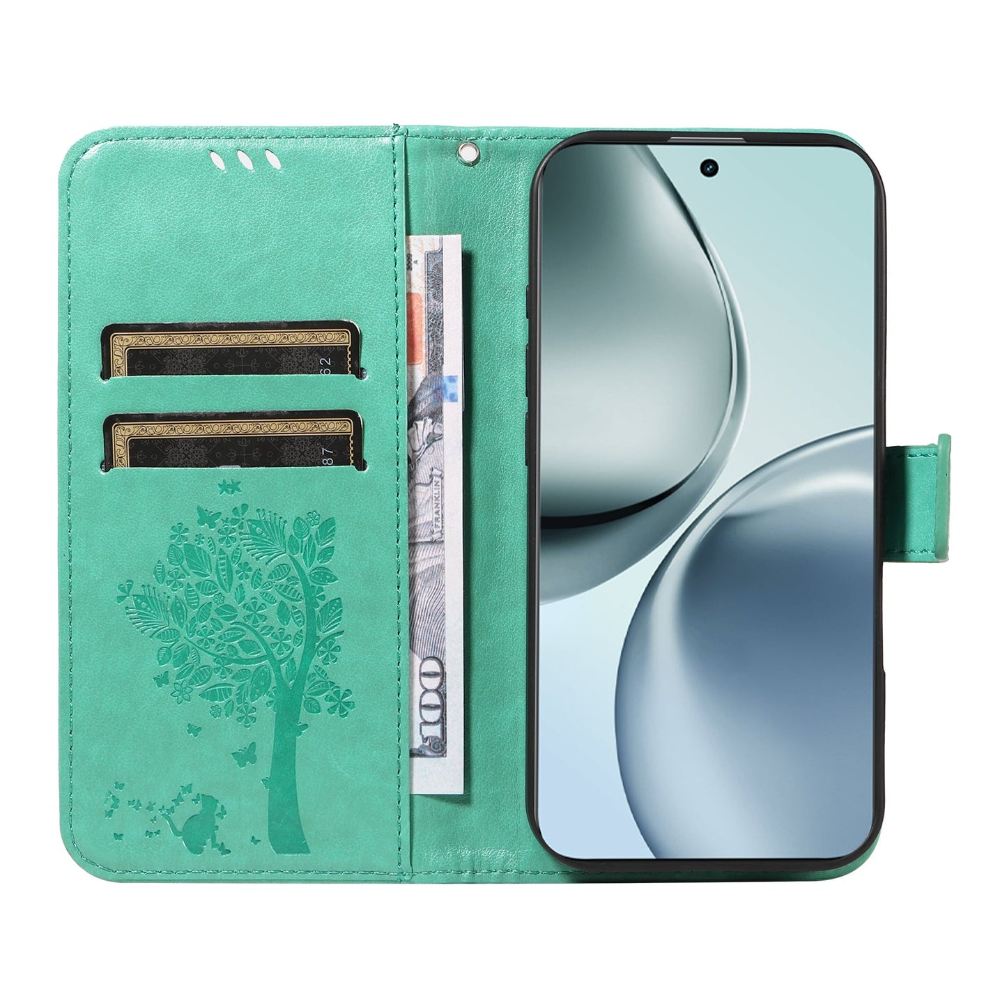 For Realme 14 Pro+ 5G Phone Case with Stand Cat Tree Pattern Leather Wallet Mobile Cover - Green