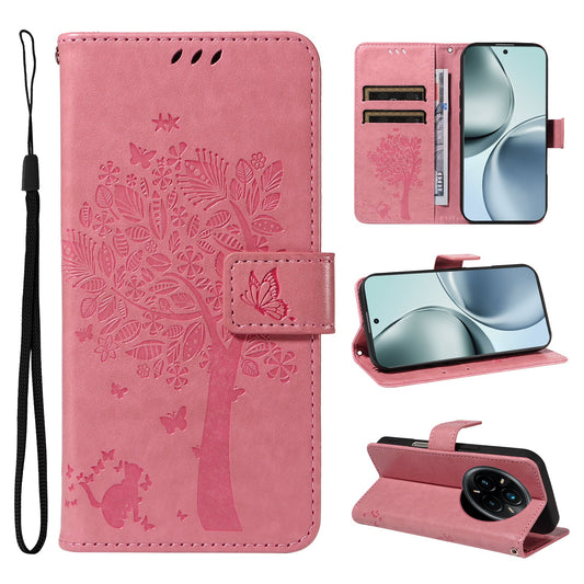 For Realme 14 Pro+ 5G Phone Case with Stand Cat Tree Pattern Leather Wallet Mobile Cover - Pink
