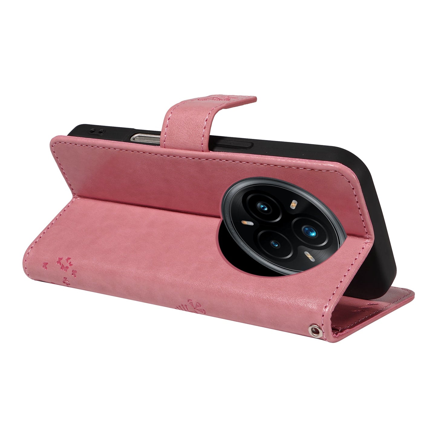 For Realme 14 Pro+ 5G Phone Case with Stand Cat Tree Pattern Leather Wallet Mobile Cover - Pink