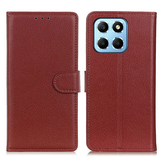 Litchi Texture Phone Cover for Honor X8 5G, Anti-scratch PU Leather Folio Flip Wallet Stand Protective Case - Brown