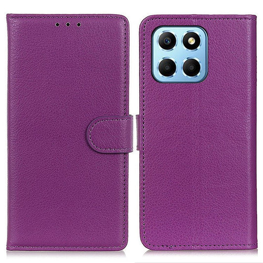 Litchi Texture Phone Cover for Honor X8 5G, Anti-scratch PU Leather Folio Flip Wallet Stand Protective Case - Purple