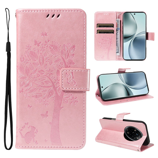 For Realme 14 Pro 5G Phone Case with Stand Cat Tree Pattern Leather Wallet Mobile Cover - Rose Gold