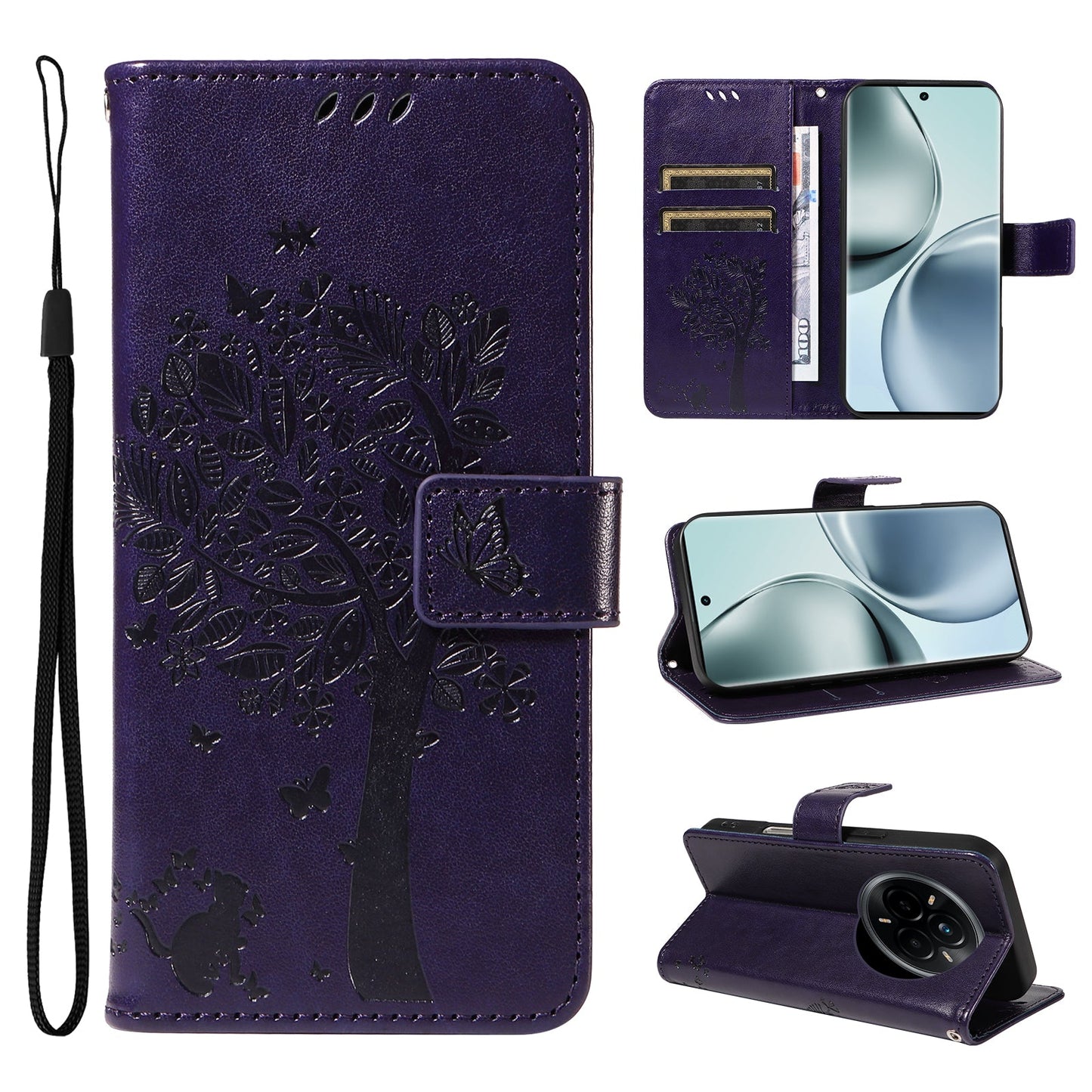 For Realme 14 Pro 5G Phone Case with Stand Cat Tree Pattern Leather Wallet Mobile Cover - Purple