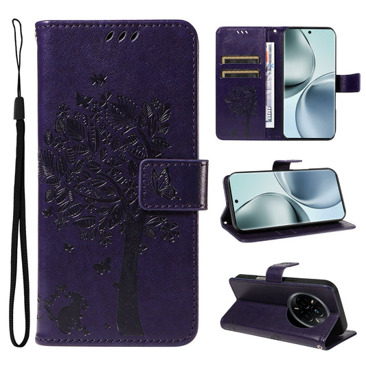 For Realme 14 Pro 5G Phone Case with Stand Cat Tree Pattern Leather Wallet Mobile Cover - Purple