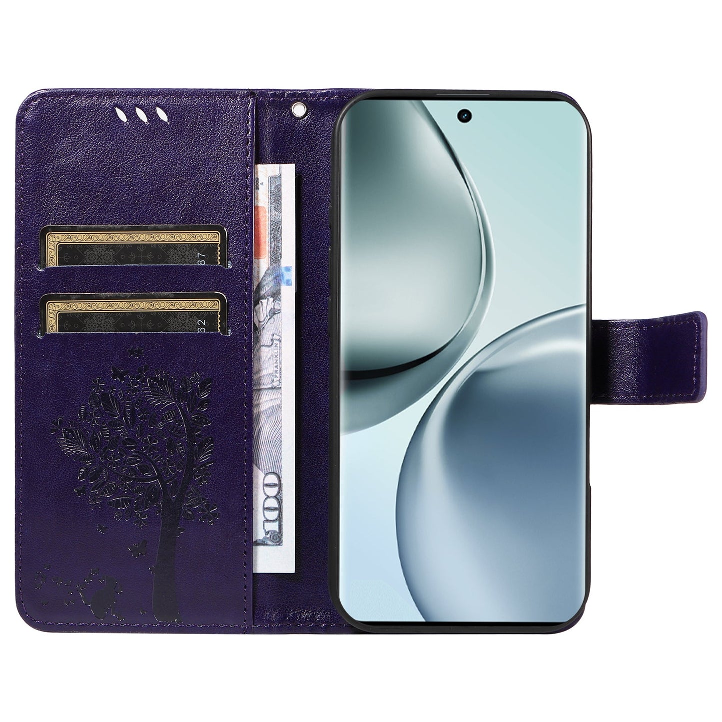 For Realme 14 Pro 5G Phone Case with Stand Cat Tree Pattern Leather Wallet Mobile Cover - Purple