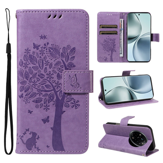 For Realme 14 Pro 5G Phone Case with Stand Cat Tree Pattern Leather Wallet Mobile Cover -  Light Purple