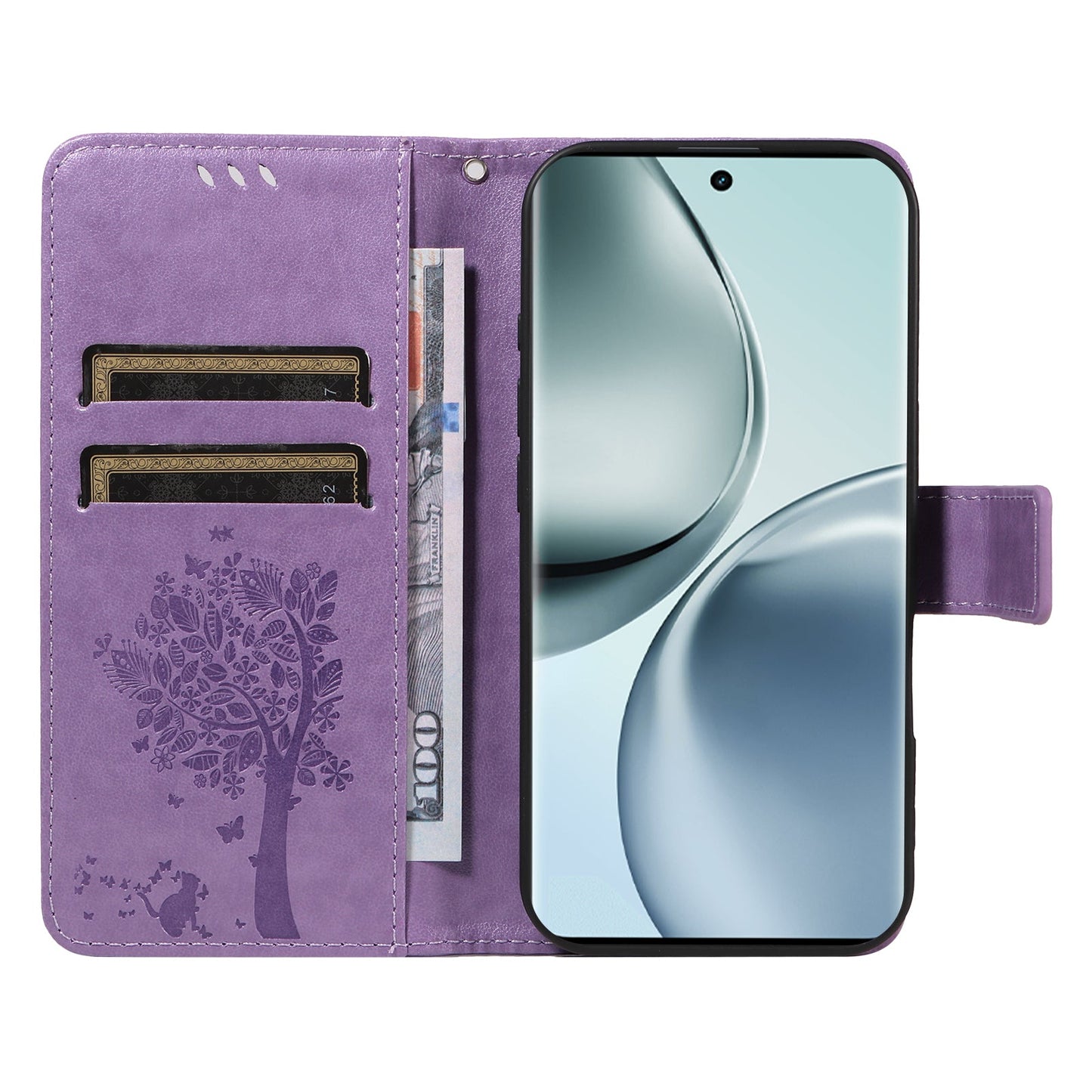 For Realme 14 Pro 5G Phone Case with Stand Cat Tree Pattern Leather Wallet Mobile Cover -  Light Purple