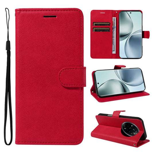 For Realme 14 Pro 5G Leather Wallet Case with Strap Solid Color Phone Stand Cover - Red