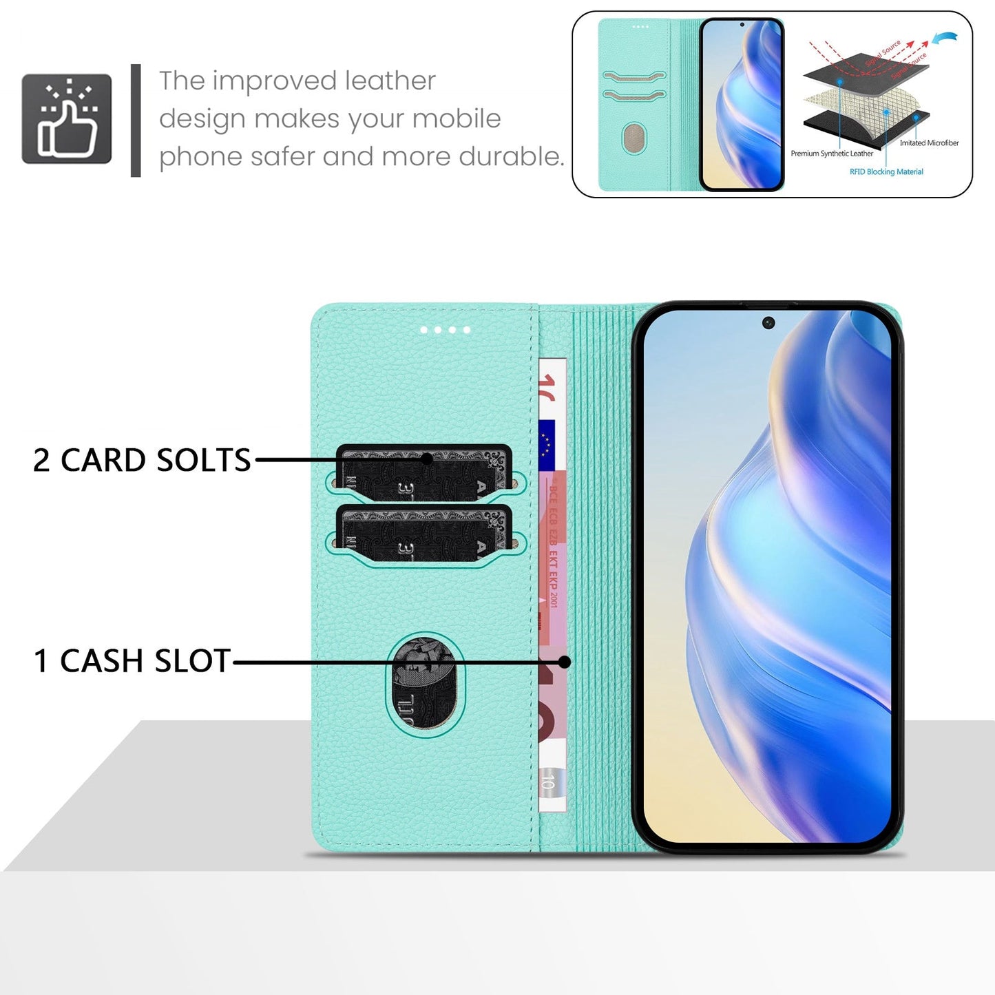 For Samsung Galaxy S25 Edge Wallet Case RFID Blocking Litchi Texture Leather Mobile Cover - Mint Green