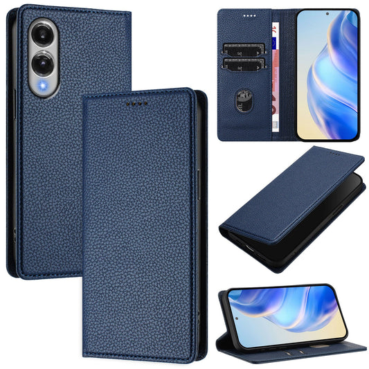 For Samsung Galaxy S25 Edge Wallet Case RFID Blocking Litchi Texture Leather Mobile Cover - Dark Blue