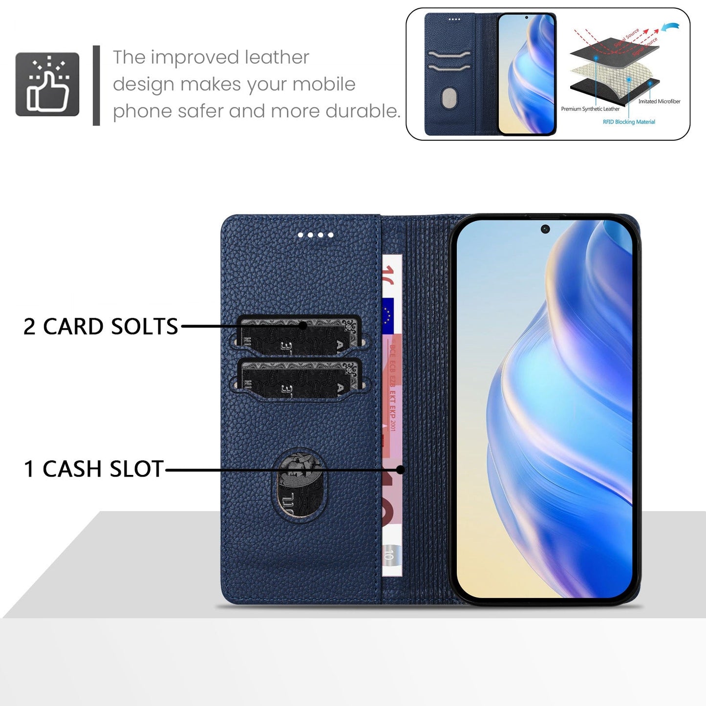 For Samsung Galaxy S25 Edge Wallet Case RFID Blocking Litchi Texture Leather Mobile Cover - Dark Blue