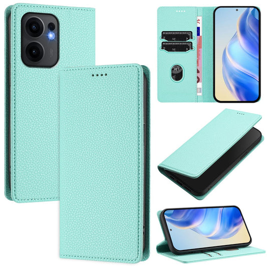 For Oppo Reno13 F 5G Wallet Case RFID Blocking Litchi Texture Leather Mobile Cover - Mint Green