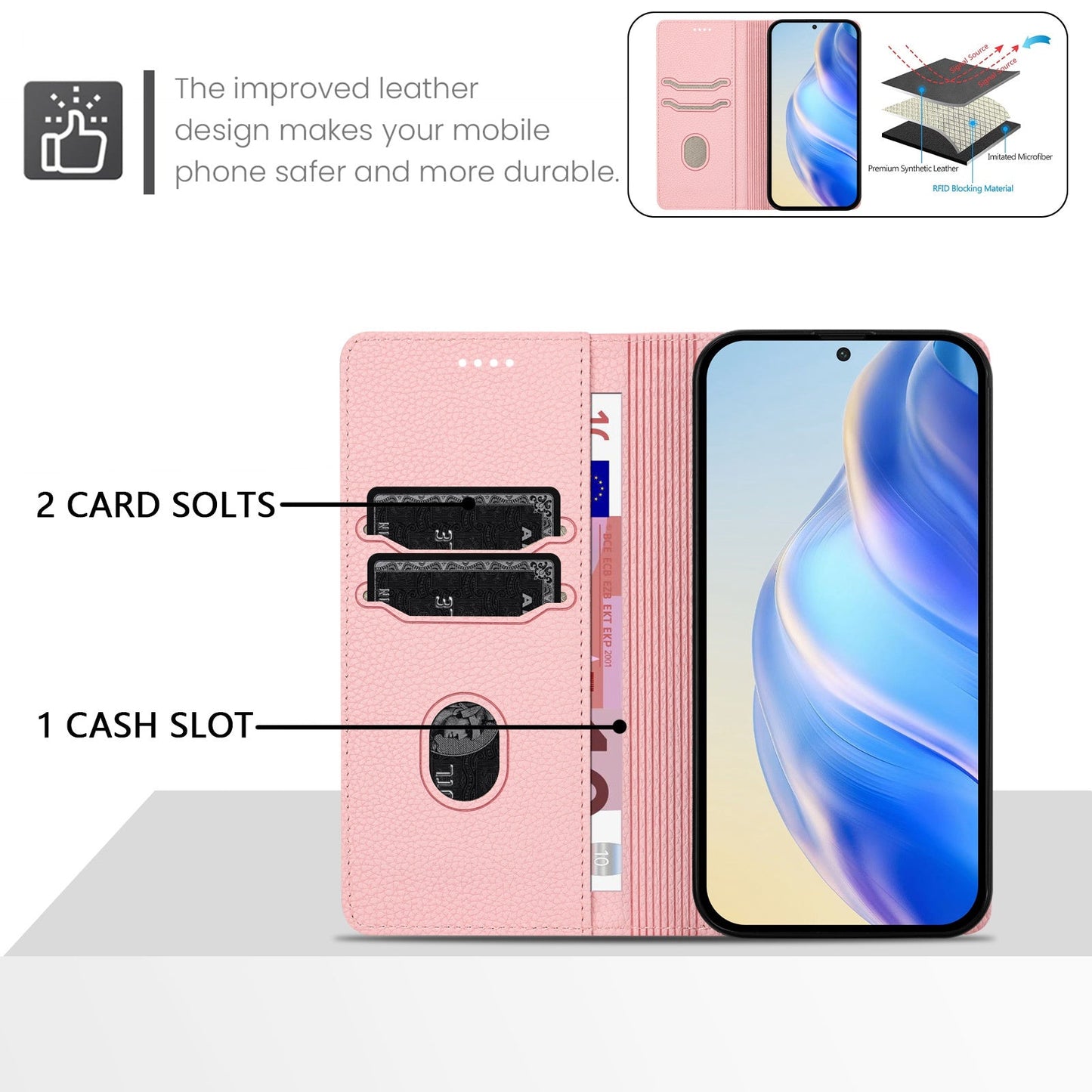For Realme 14 Pro 5G Wallet Case RFID Blocking Litchi Texture Leather Mobile Cover - Pink