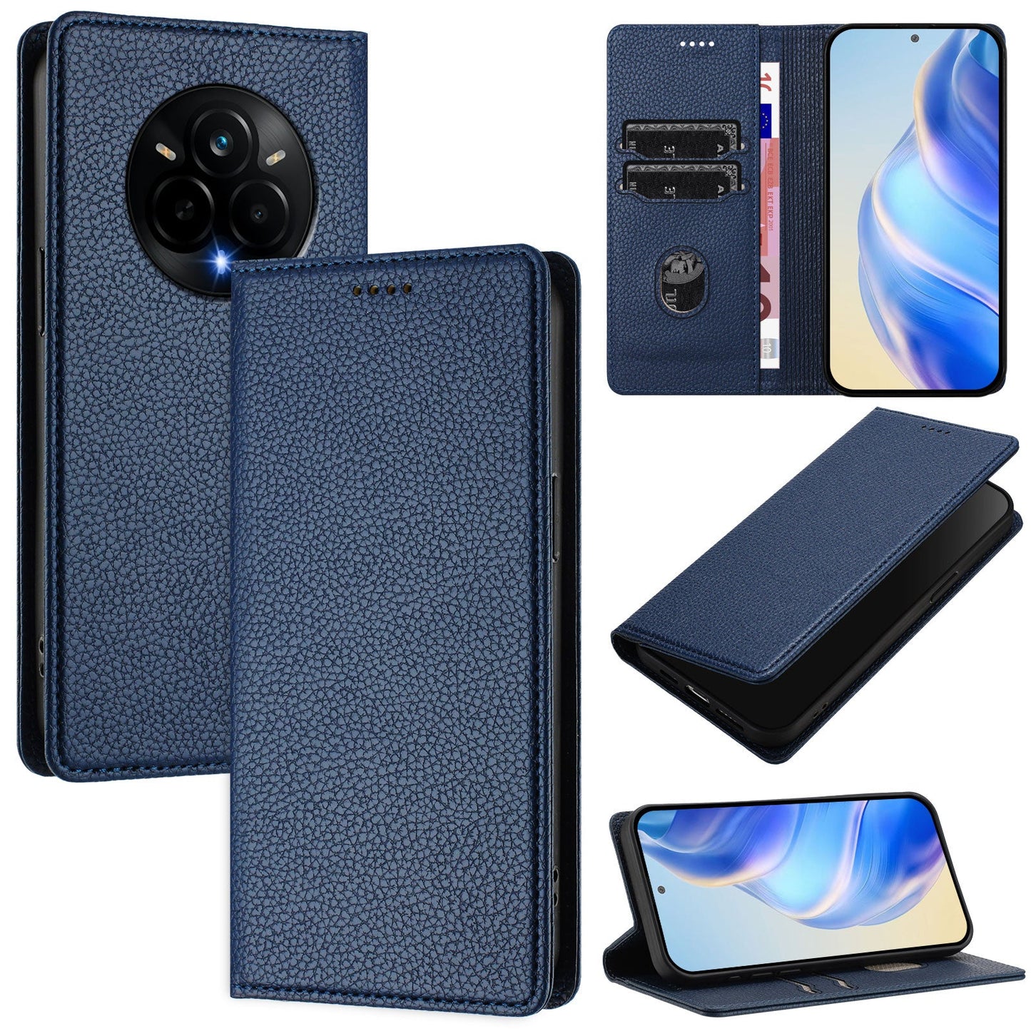For Realme 14 Pro 5G Wallet Case RFID Blocking Litchi Texture Leather Mobile Cover - Dark Blue