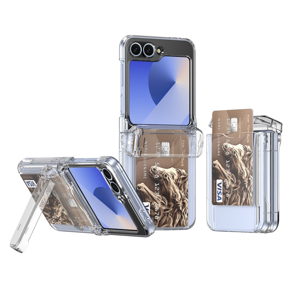 For Samsung Galaxy Z Flip7 FE 5G / Z Flip6 5G Case Spring Hinge Kickstand PC Folding Phone Cover with Card Slot - Transparent
