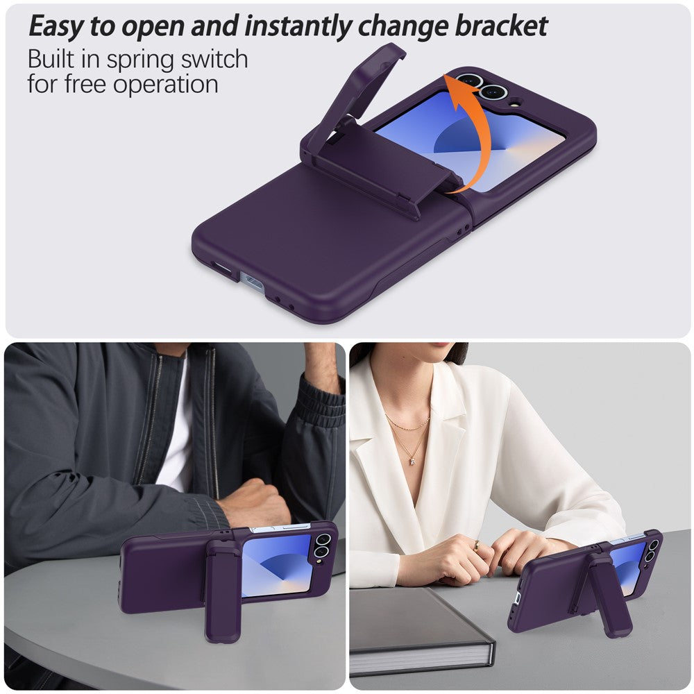 For Samsung Galaxy Z Flip7 FE 5G / Z Flip6 5G Case Spring Hinge Kickstand PC Folding Phone Cover with Card Slot - Dark Purple
