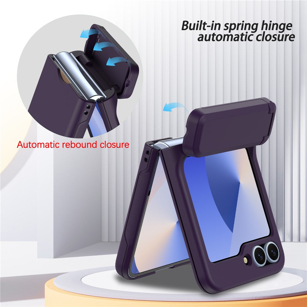 For Samsung Galaxy Z Flip7 FE 5G / Z Flip6 5G Case Spring Hinge Kickstand PC Folding Phone Cover with Card Slot - Dark Purple