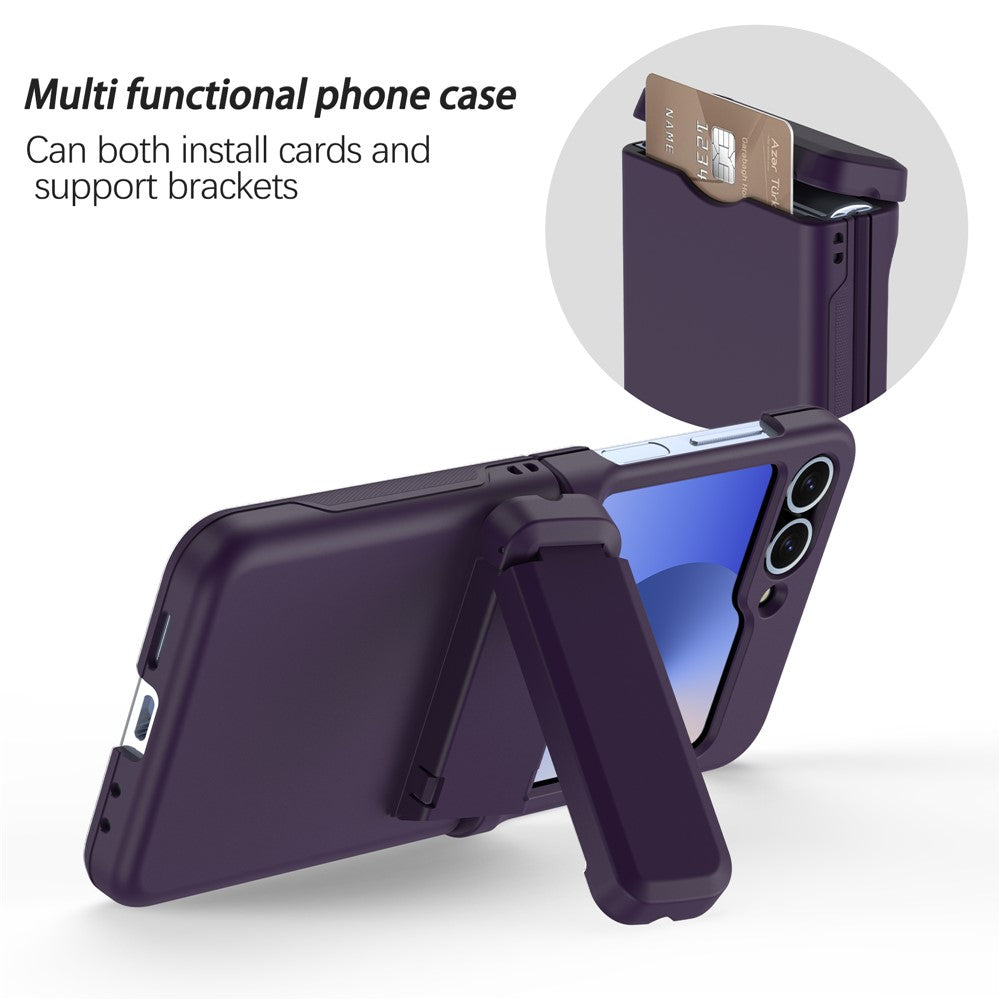 For Samsung Galaxy Z Flip7 FE 5G / Z Flip6 5G Case Spring Hinge Kickstand PC Folding Phone Cover with Card Slot - Dark Purple