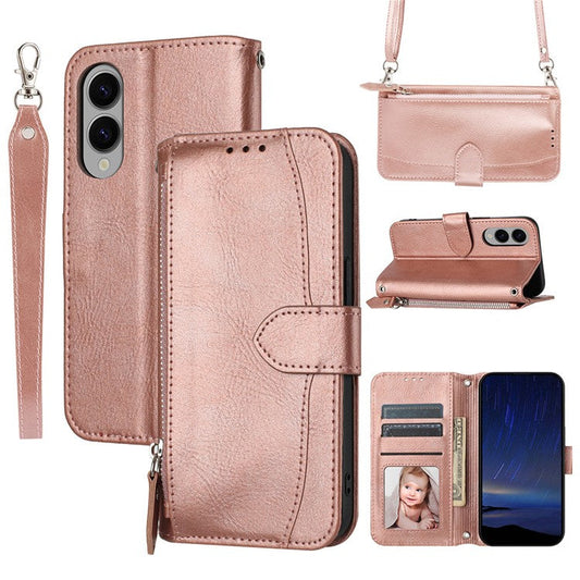 For Samsung Galaxy S25 Edge Case Zipper Pocket Leather Phone Cover with Crossbody Shoulder Strap - Rose Gold
