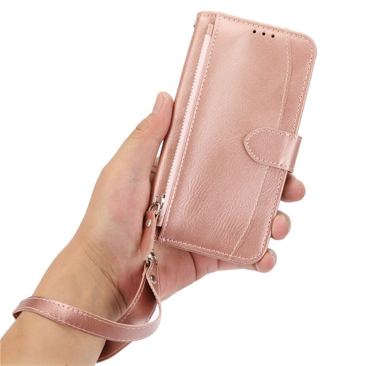 For Samsung Galaxy S25 Edge Case Zipper Pocket Leather Phone Cover with Crossbody Shoulder Strap - Rose Gold