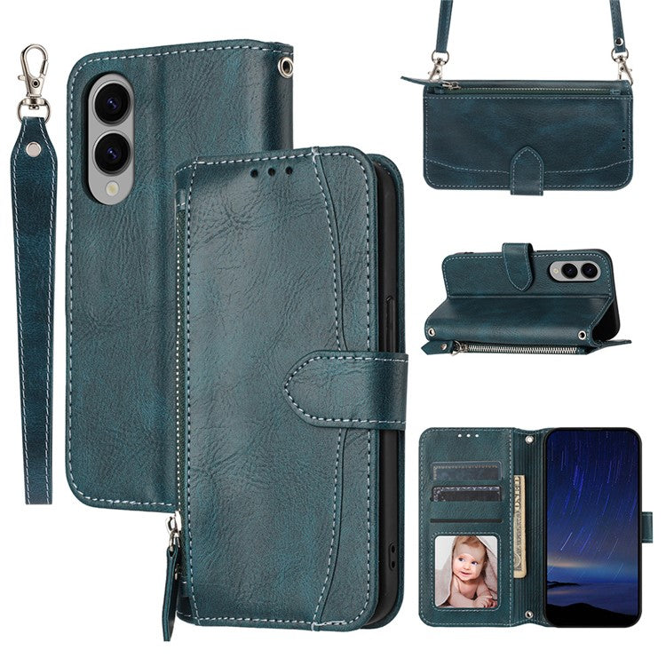 For Samsung Galaxy S25 Edge Case Zipper Pocket Leather Phone Cover with Crossbody Shoulder Strap - Blackish Green
