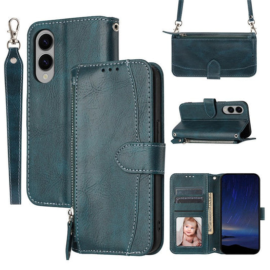 For Samsung Galaxy S25 Edge Case Zipper Pocket Leather Phone Cover with Crossbody Shoulder Strap - Blackish Green