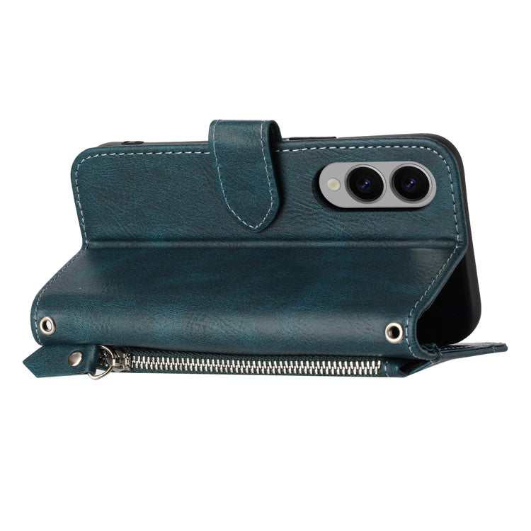 For Samsung Galaxy S25 Edge Case Zipper Pocket Leather Phone Cover with Crossbody Shoulder Strap - Blackish Green