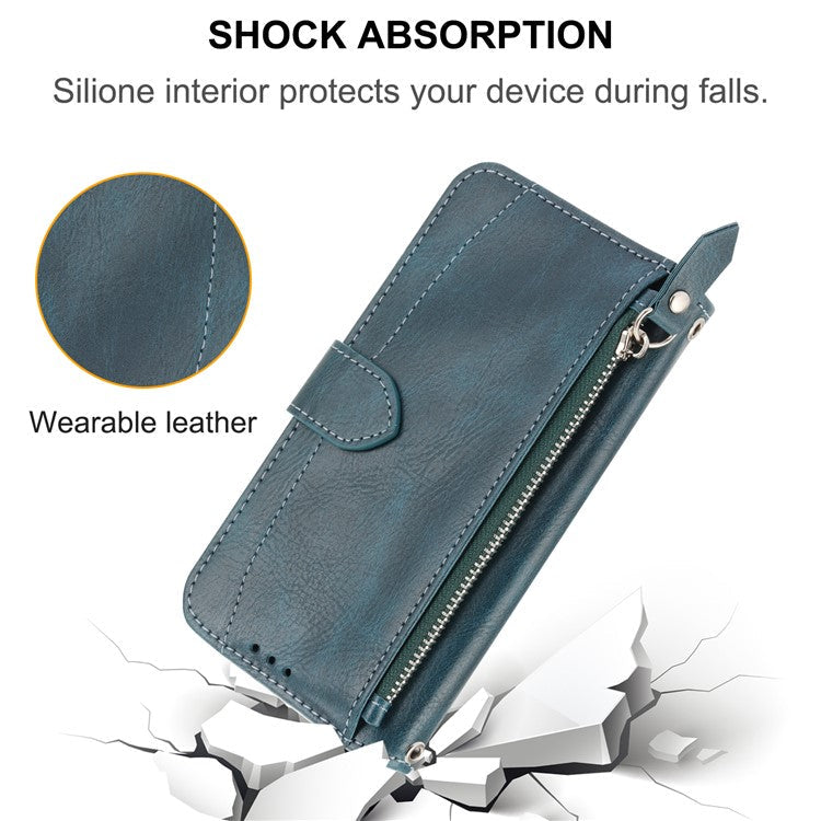 For Samsung Galaxy S25 Edge Case Zipper Pocket Leather Phone Cover with Crossbody Shoulder Strap - Blackish Green