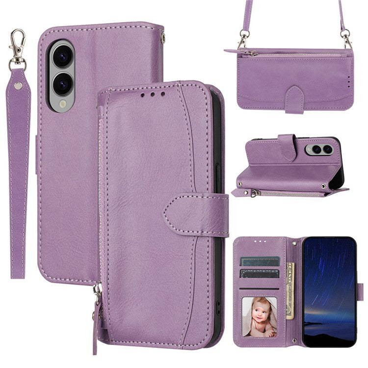For Samsung Galaxy S25 Edge Case Zipper Pocket Leather Phone Cover with Crossbody Shoulder Strap - Purple