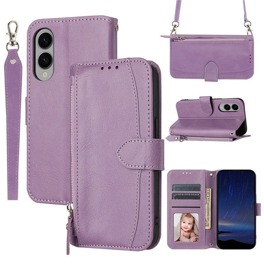 For Samsung Galaxy S25 Edge Case Zipper Pocket Leather Phone Cover with Crossbody Shoulder Strap - Purple