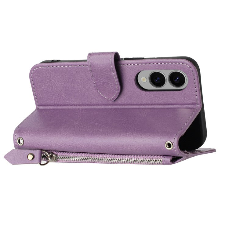 For Samsung Galaxy S25 Edge Case Zipper Pocket Leather Phone Cover with Crossbody Shoulder Strap - Purple