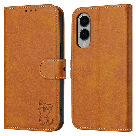 For Samsung Galaxy S25 Edge Case Happy Cat Pattern Imprinted Leather Wallet Phone Cover - Yellow