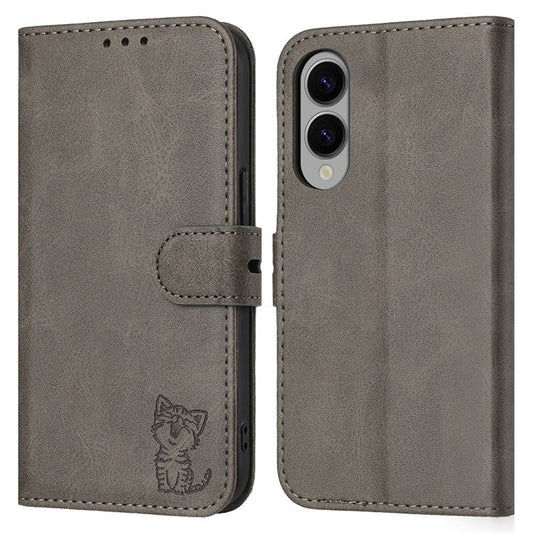 For Samsung Galaxy S25 Edge Case Happy Cat Pattern Imprinted Leather Wallet Phone Cover - Grey