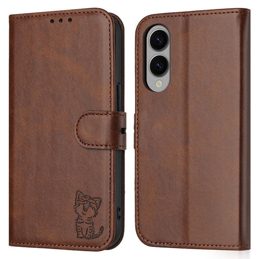 For Samsung Galaxy S25 Edge Case Happy Cat Pattern Imprinted Leather Wallet Phone Cover - Brown