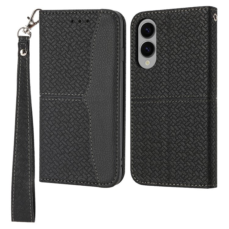 For Samsung Galaxy S25 Edge Case Woven Texture PU Leather Wallet Phone Cover - Black
