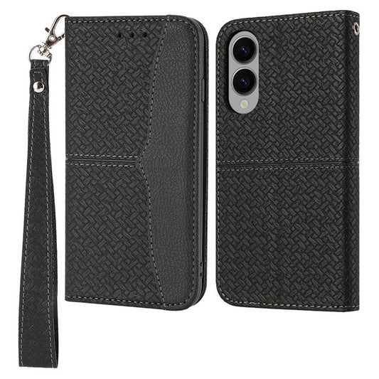 For Samsung Galaxy S25 Edge Case Woven Texture PU Leather Wallet Phone Cover - Black