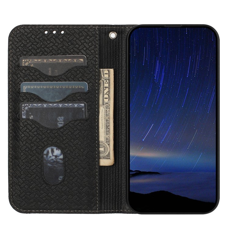 For Samsung Galaxy S25 Edge Case Woven Texture PU Leather Wallet Phone Cover - Black