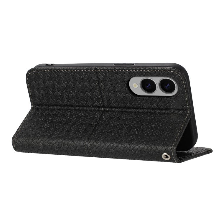For Samsung Galaxy S25 Edge Case Woven Texture PU Leather Wallet Phone Cover - Black